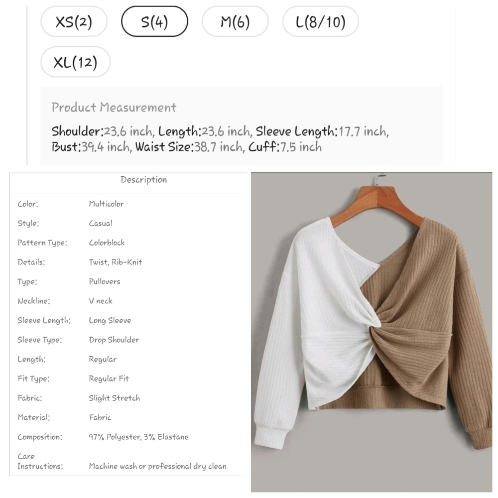 𝅺WOMEN'S Two Tone Twist Front Drop Shoulder Sweatshirts  Small - Picture 2 of 4